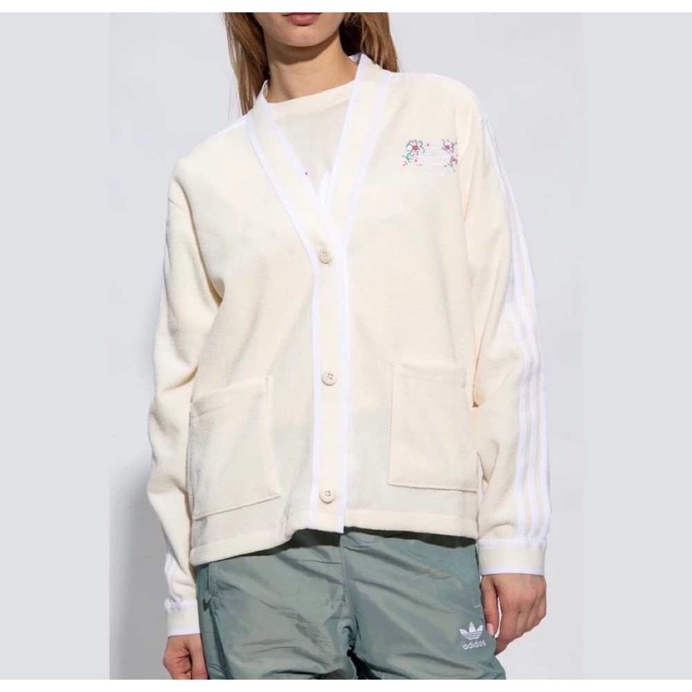 Adidas Cardigan Women Small Cream Floral Terry Cloth Sporty Athleisure street
